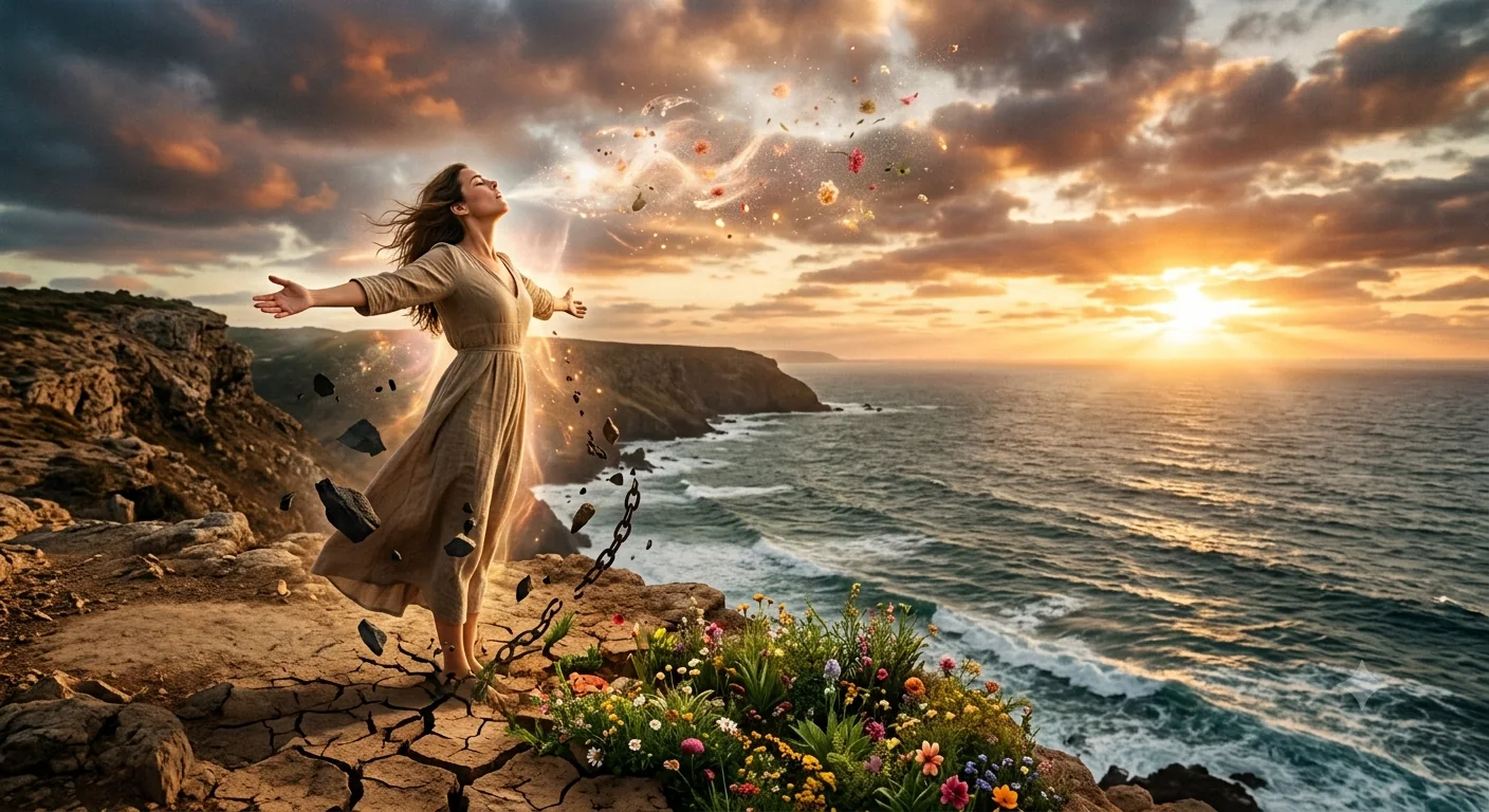 Una mujer de pie al borde de un acantilado frente al mar, con los brazos abiertos y cadenas que se rompen a sus pies; del suelo agrietado brotan flores mientras el sol se abre entre las nubes.